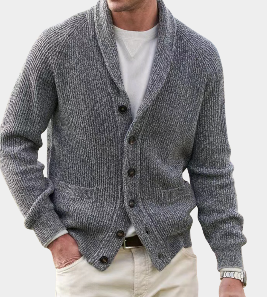 Seth Mens Shawl Collar Cardigan, Dense Knit in Grey