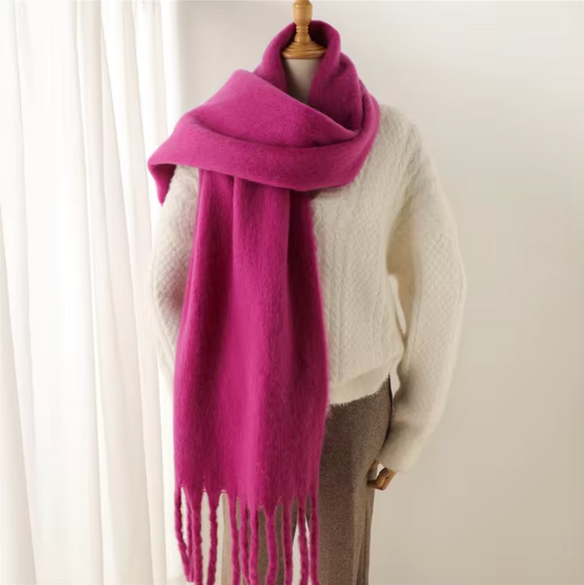Elyra Womens Pashmina Scarf with Long Tassels in Dark Pink