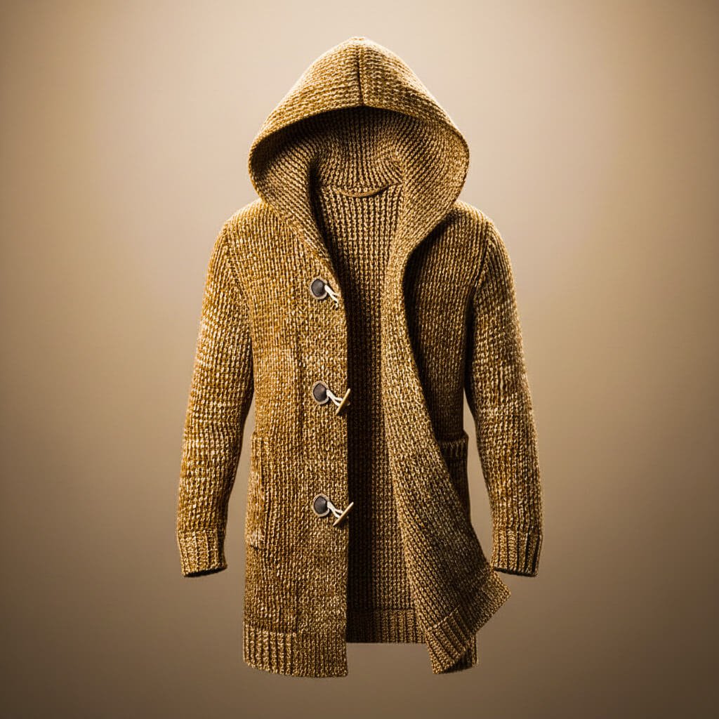Troy Mens Hooded Wool Blend Knit Cardigan in Cognac Brown