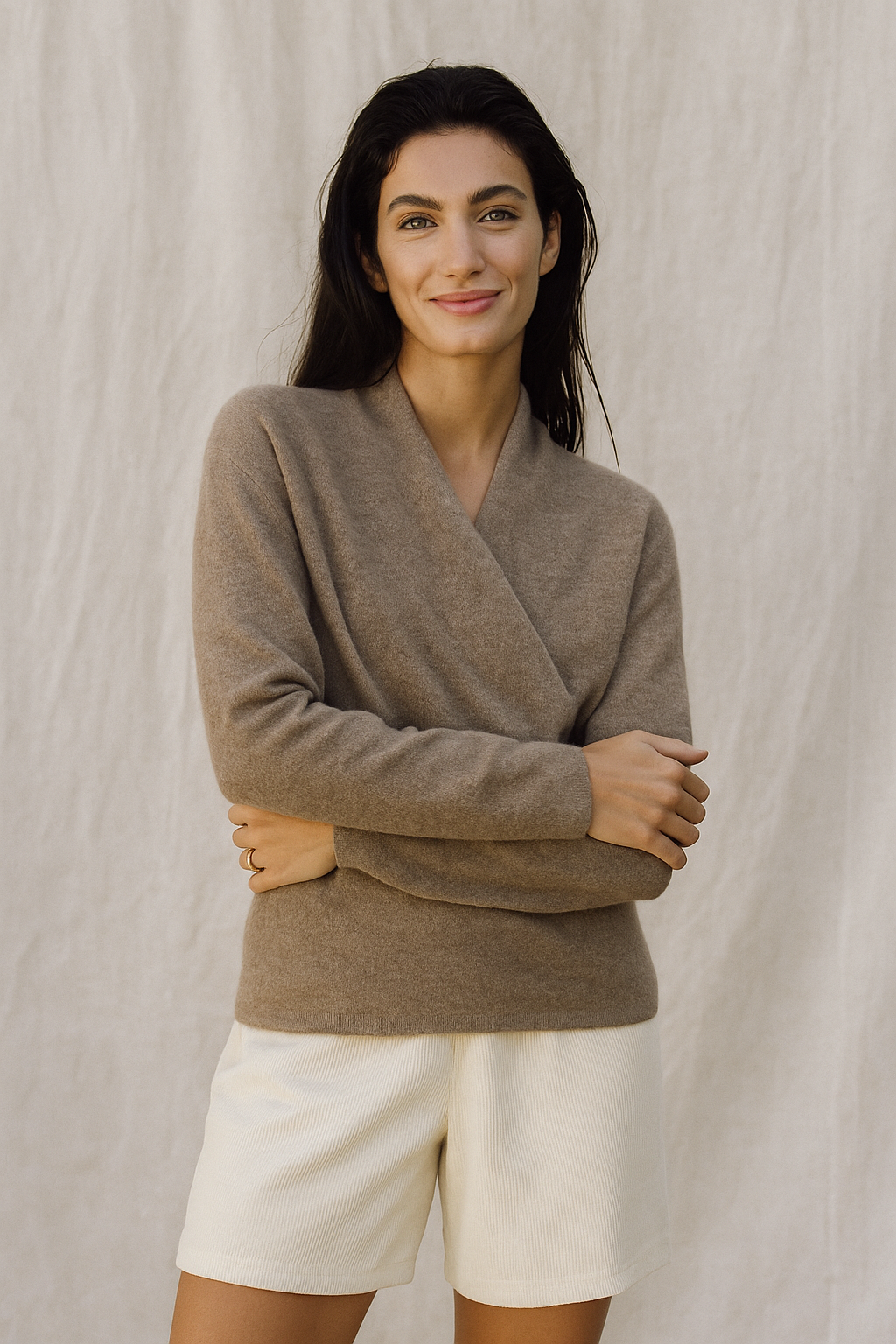 Wendy Womens V-Neck Wrap Sweater in Cashmere Knit
