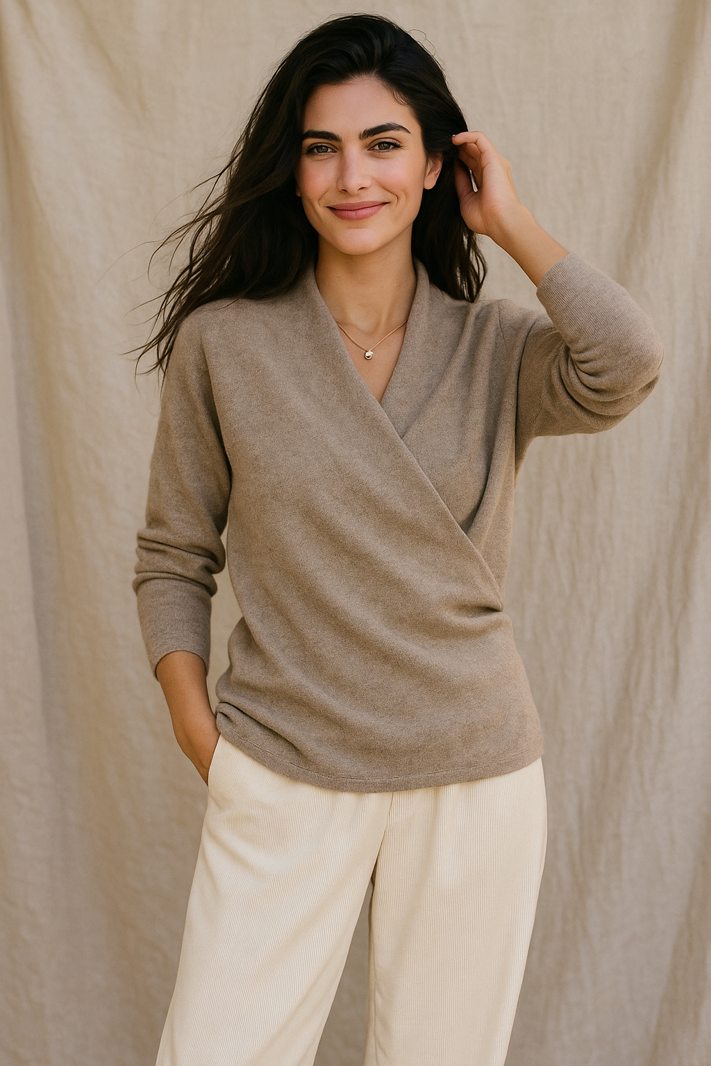 Wendy Womens V-Neck Wrap Sweater in Cashmere Knit