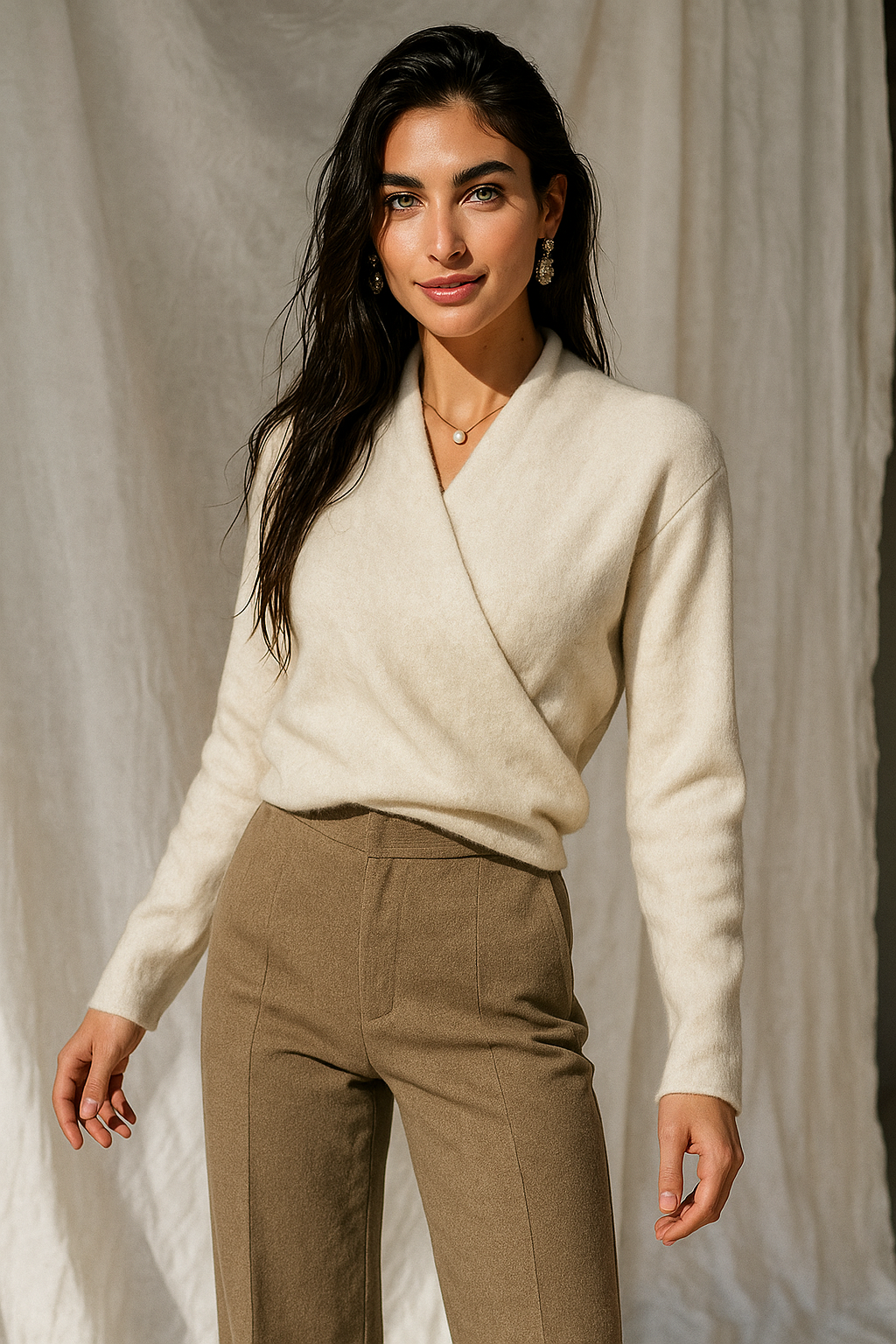 Wendy Womens V-Neck Wrap Sweater in Cashmere Knit