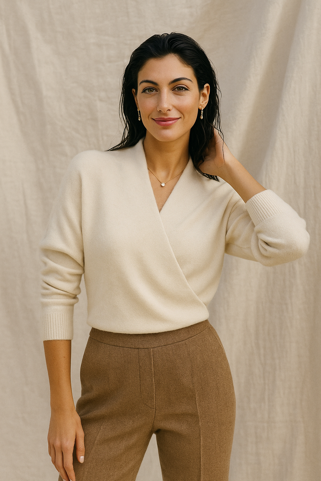 Wendy Womens V-Neck Wrap Sweater in Cashmere Knit