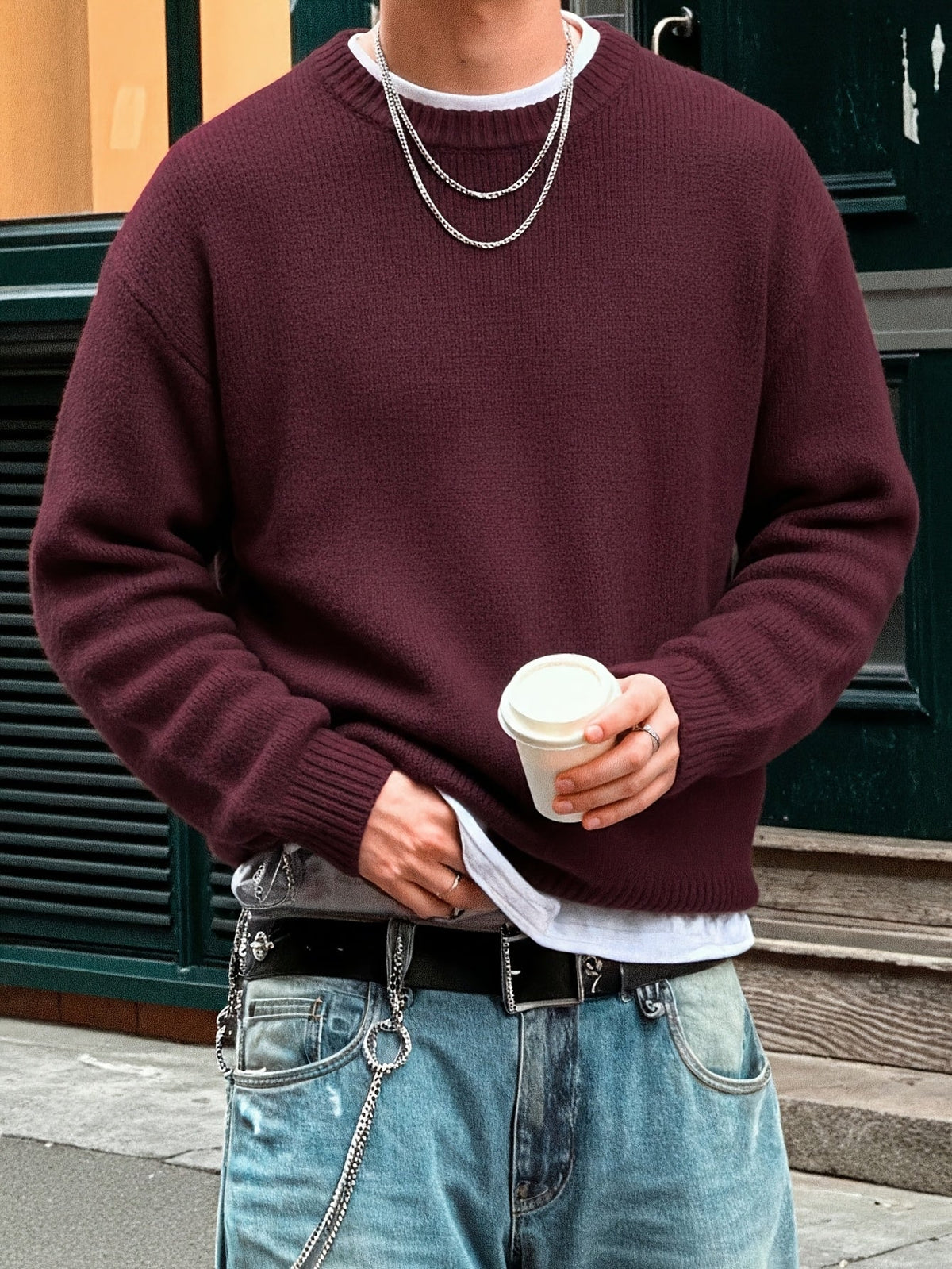 Luis Mens Crew Neck Knit Sweater with Dropped Shoulders in Burgundy