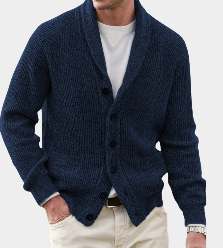 Seth Mens Shawl Collar Cardigan, Dense Knit in Navy