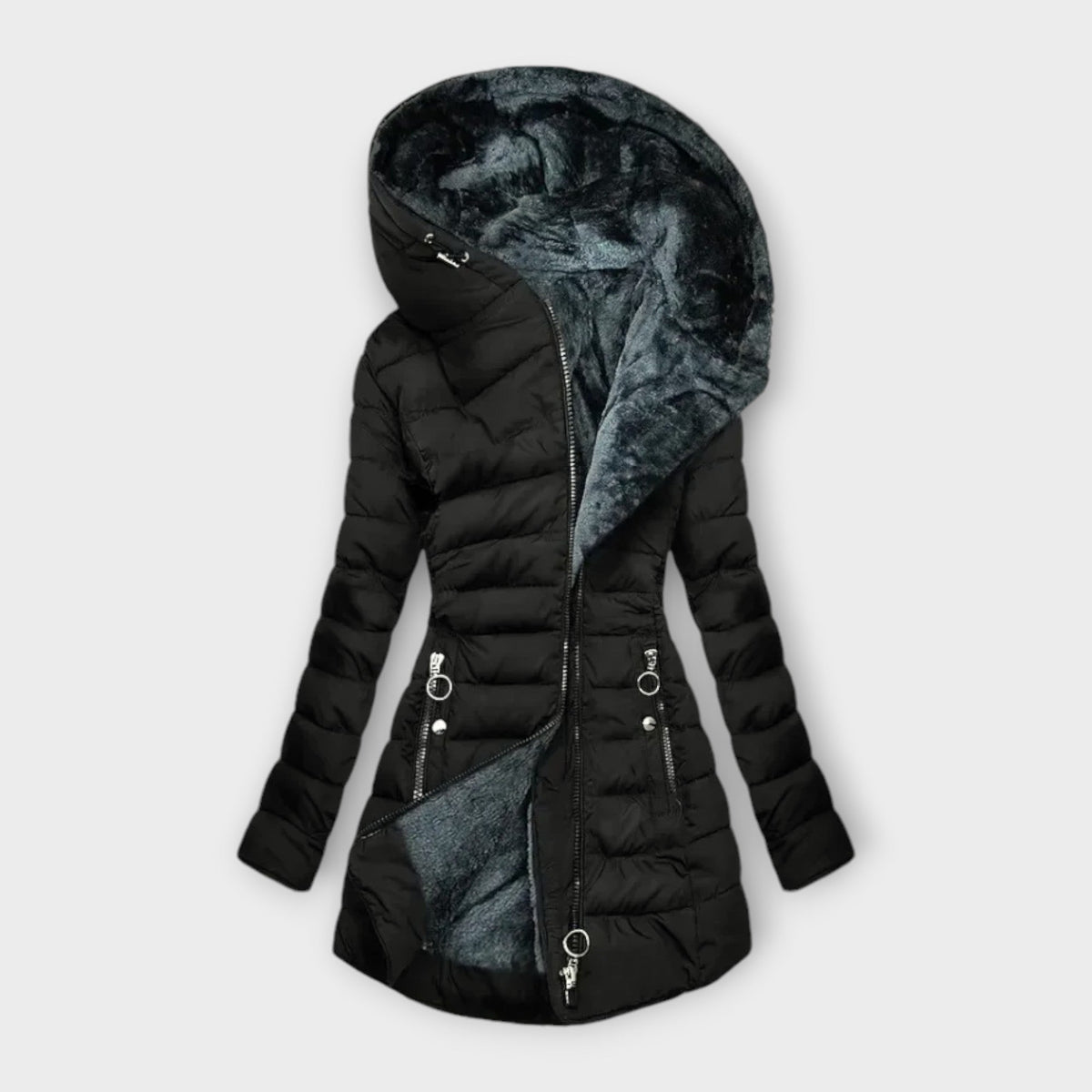 Rosalyneh Womens Winter Jacket with Zipper and Pockets in Black