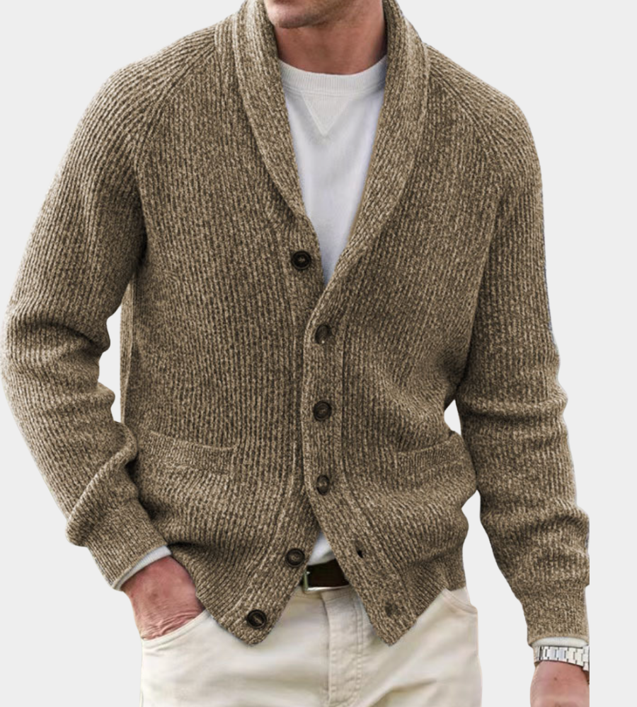 Seth Mens Shawl Collar Cardigan, Dense Knit in Khaki