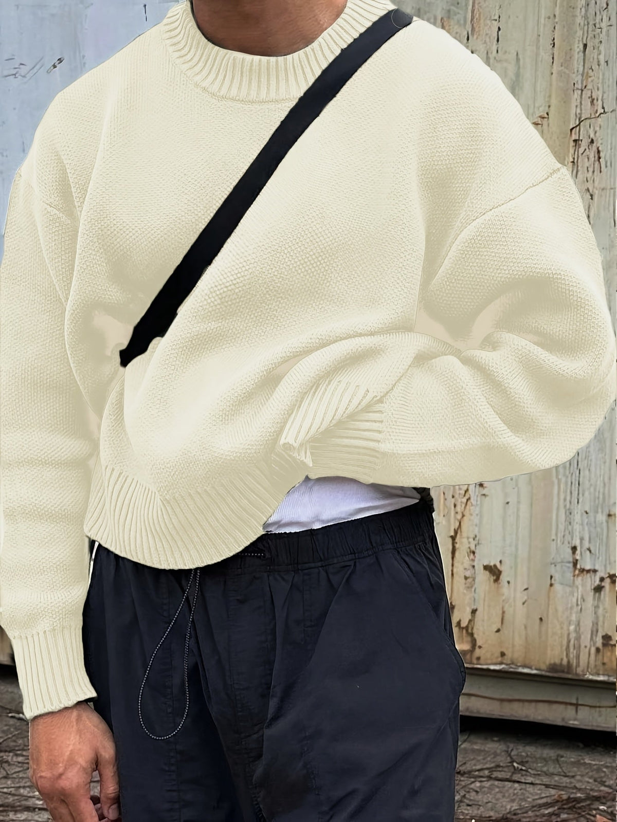 Luis Mens Crew Neck Knit Sweater with Dropped Shoulders in Cream
