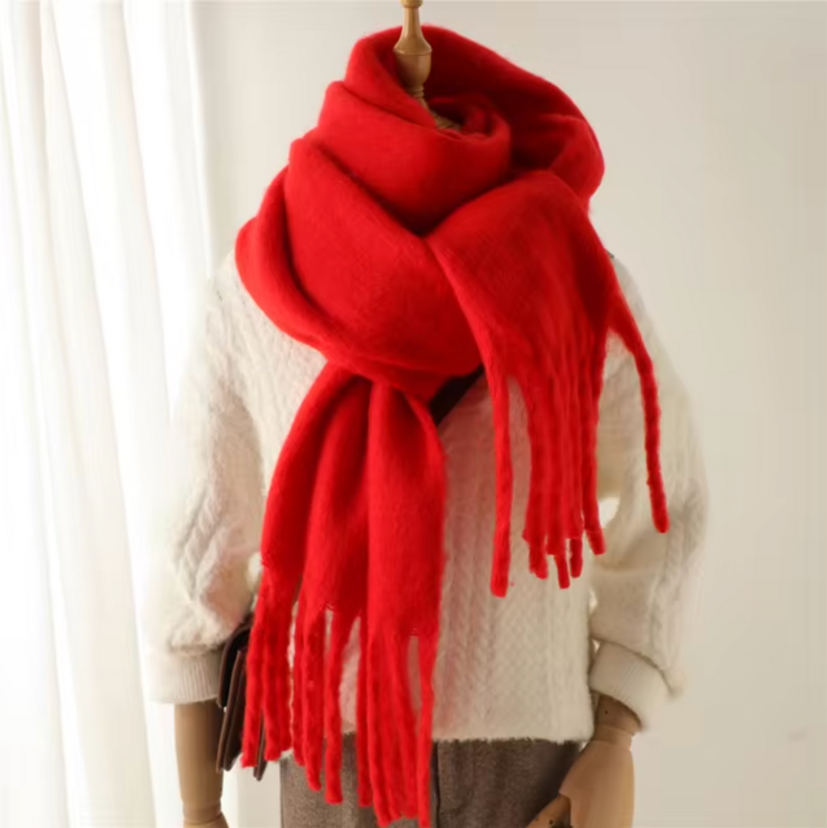 Elyra Womens Pashmina Scarf with Long Tassels in Red