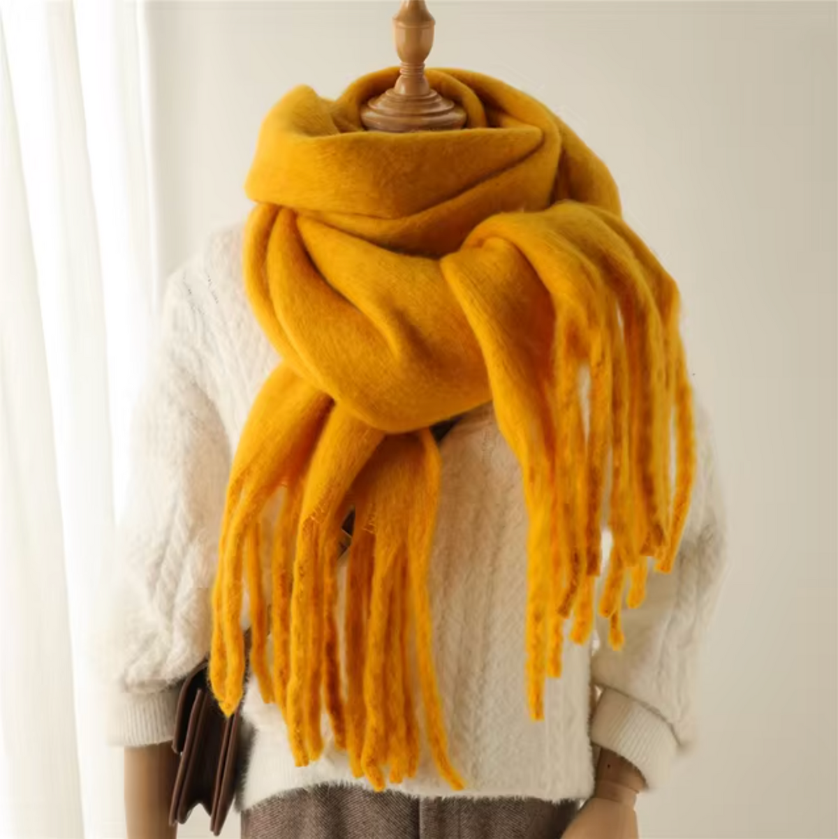Elyra Womens Pashmina Scarf with Long Tassels in Dark Yellow
