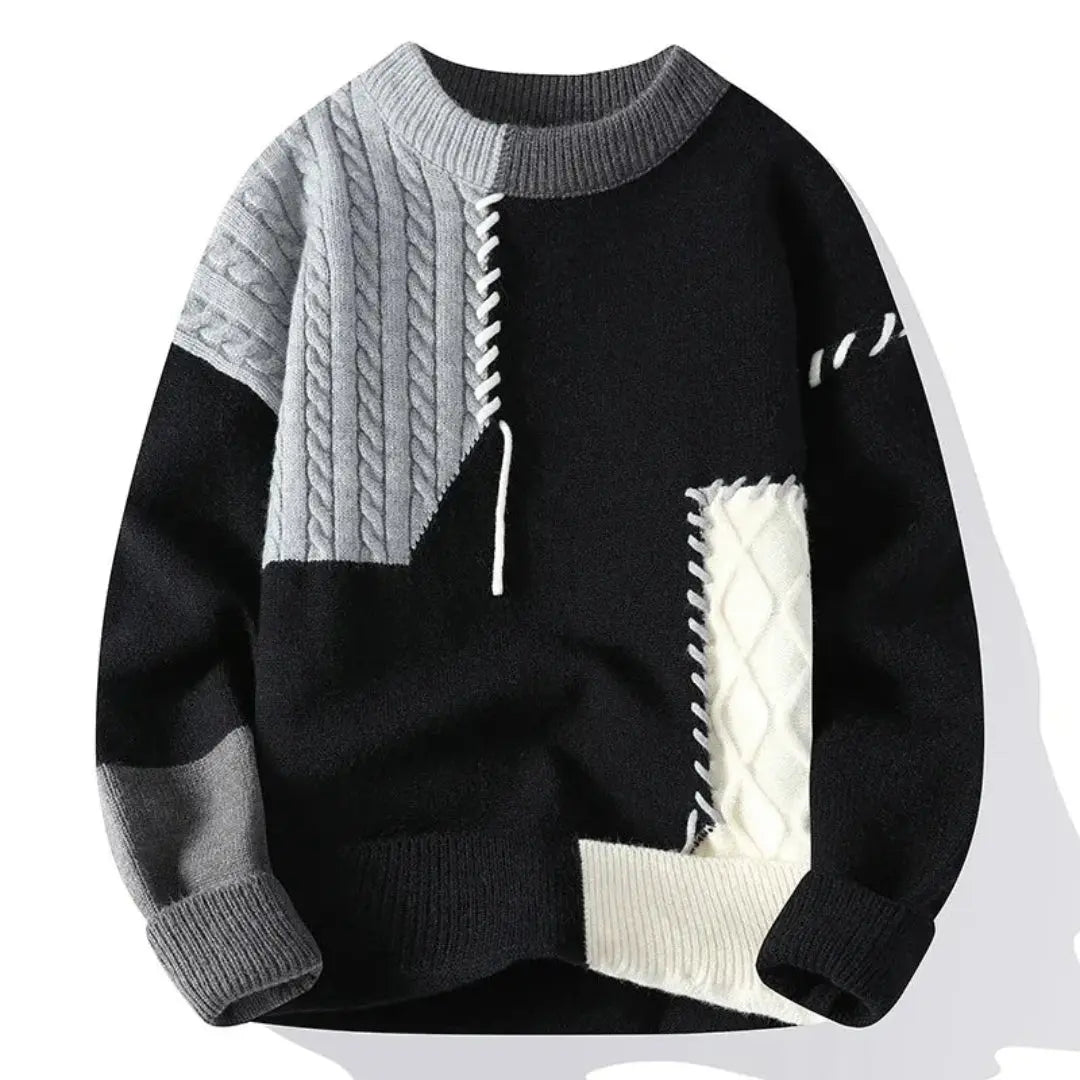 Luke Mens Patchwork Sweater in Cotton Knit in Black