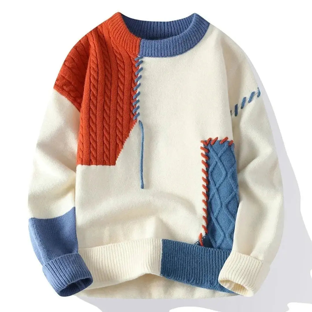 Luke Mens Patchwork Sweater in Cotton Knit in Blue