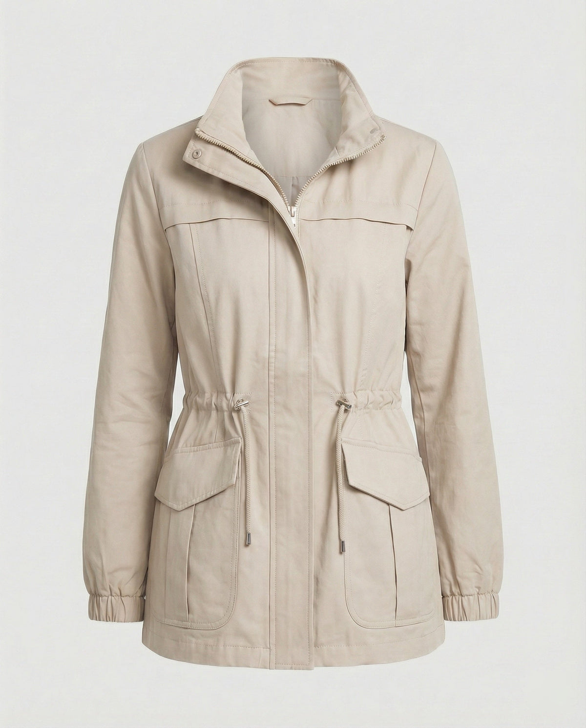 Kristy Womens Utility Jacket with Drawstring Waist in Beige