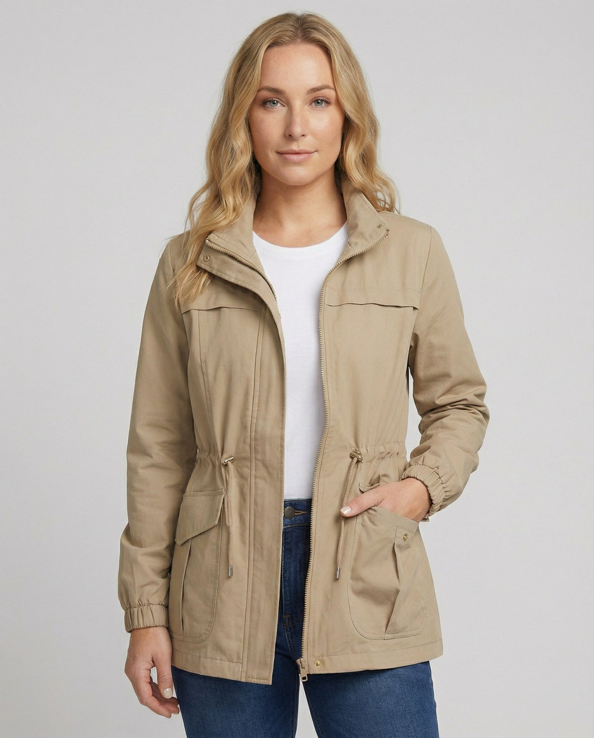 Kristy Womens Utility Jacket with Drawstring Waist in Khaki