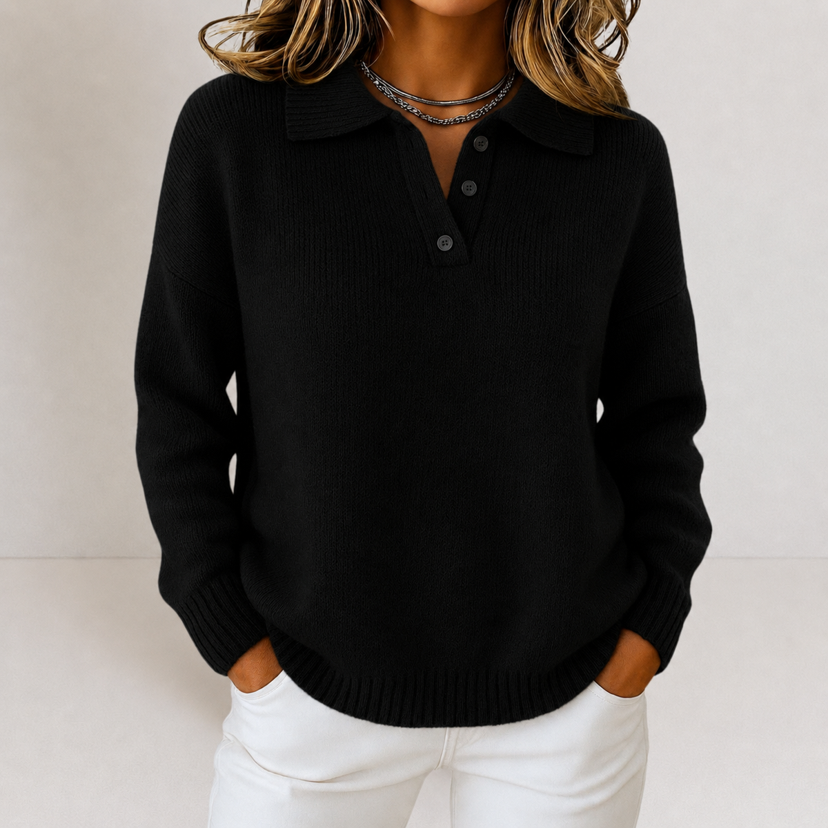 Tonya Womens Knit Sweater with Polo Collar and Button Placket in Black