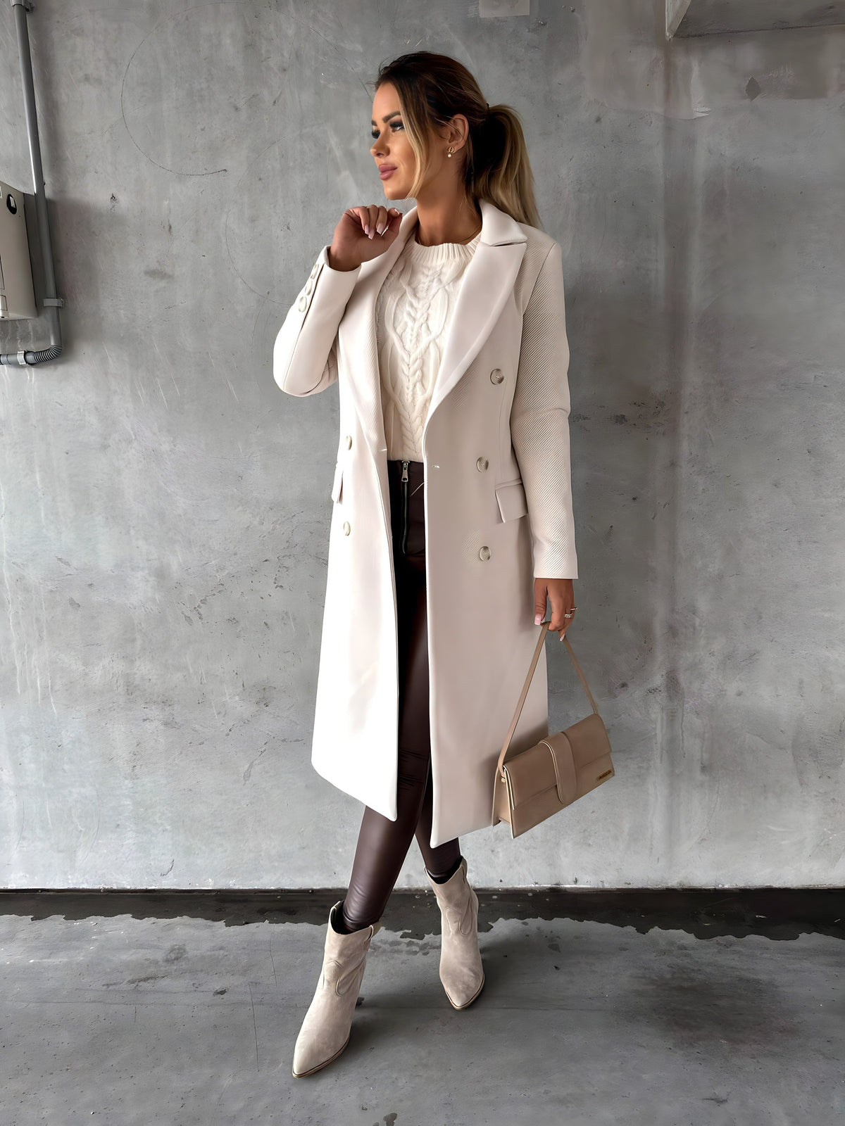 Heidi Womens Double-Breasted Long Coat with Wide Lapels