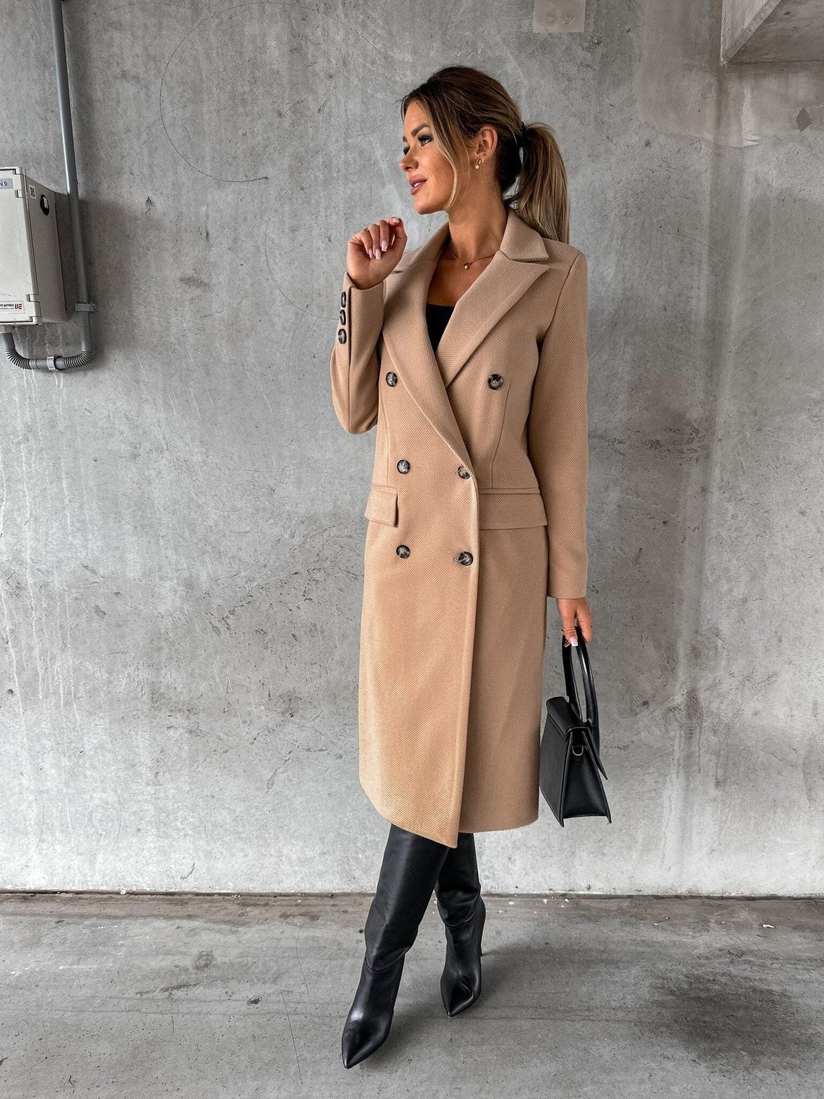 Heidi Womens Double-Breasted Long Coat with Wide Lapels in Brown