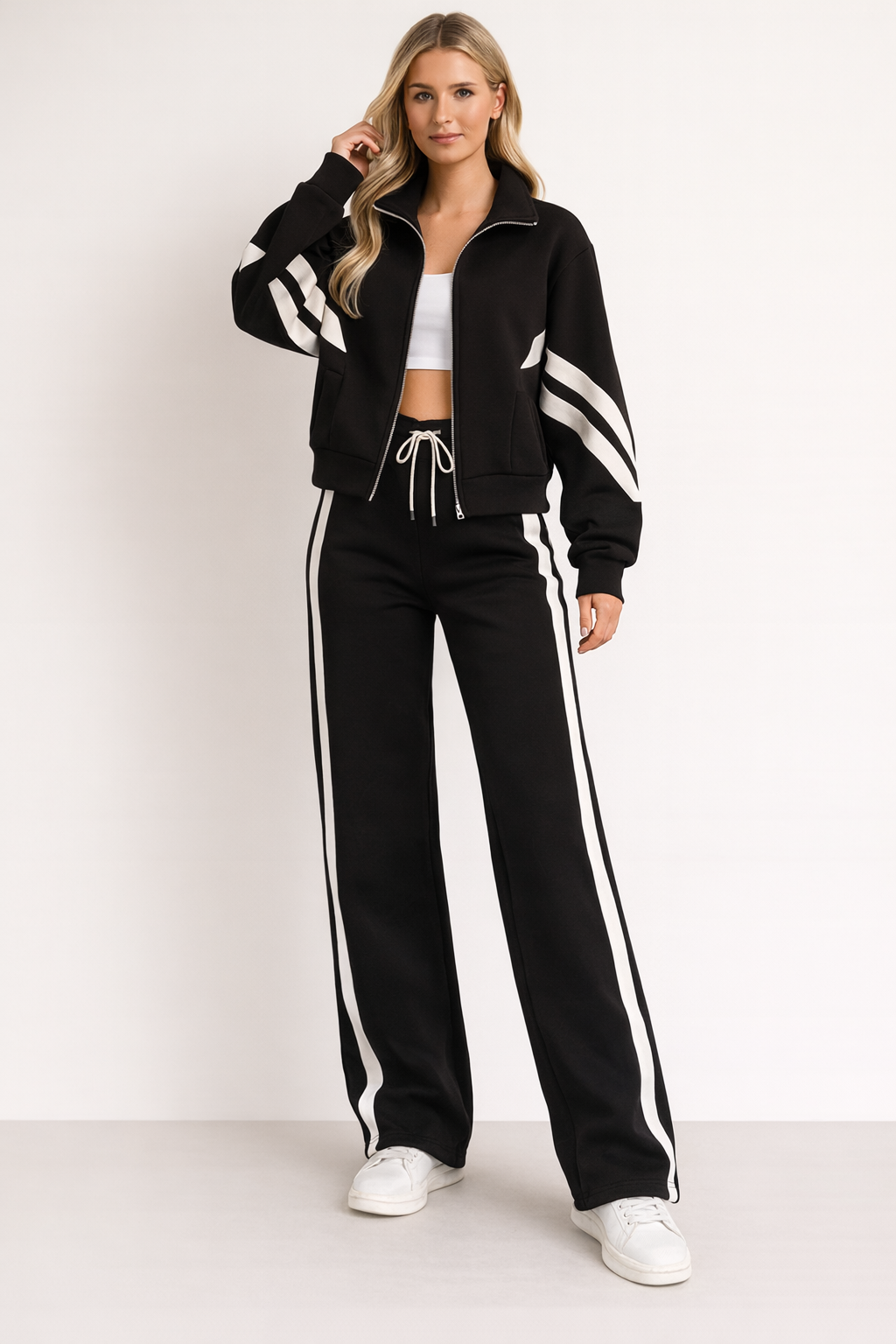 Audrey Womens Tracksuit Set with Wide Leg Pants and Zip Jacket in Black