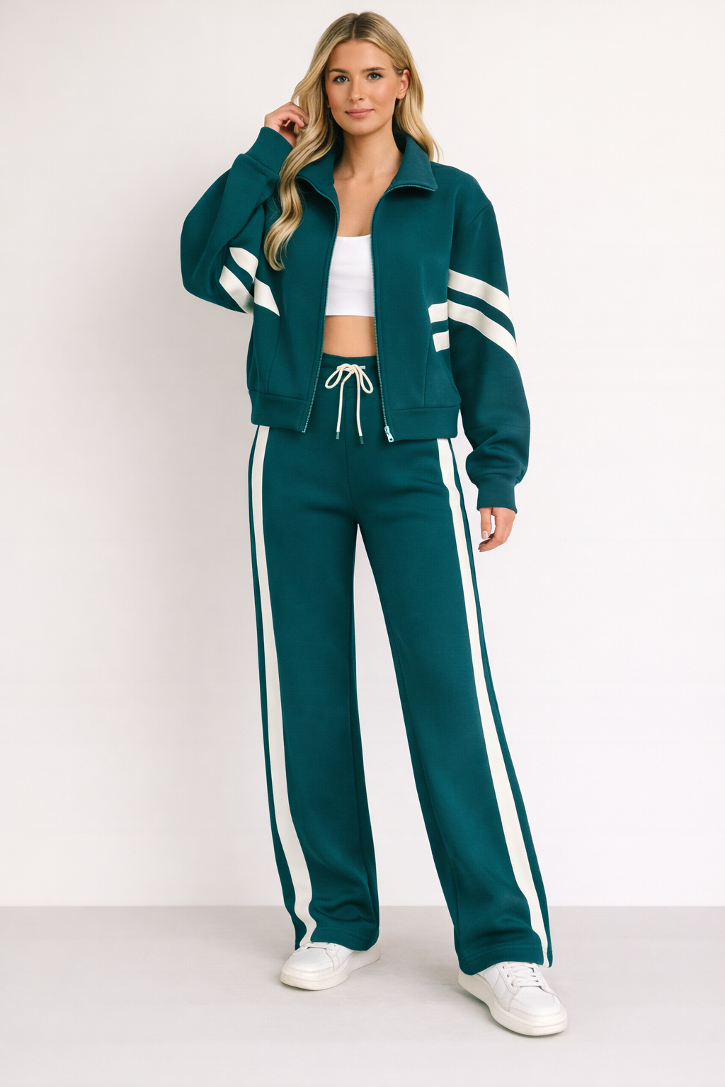 Audrey Womens Tracksuit Set with Wide Leg Pants and Zip Jacket in Green