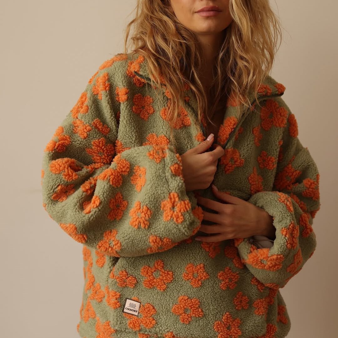 Kendra Womens Floral Teddy Fleece Jacket with Half Zip
