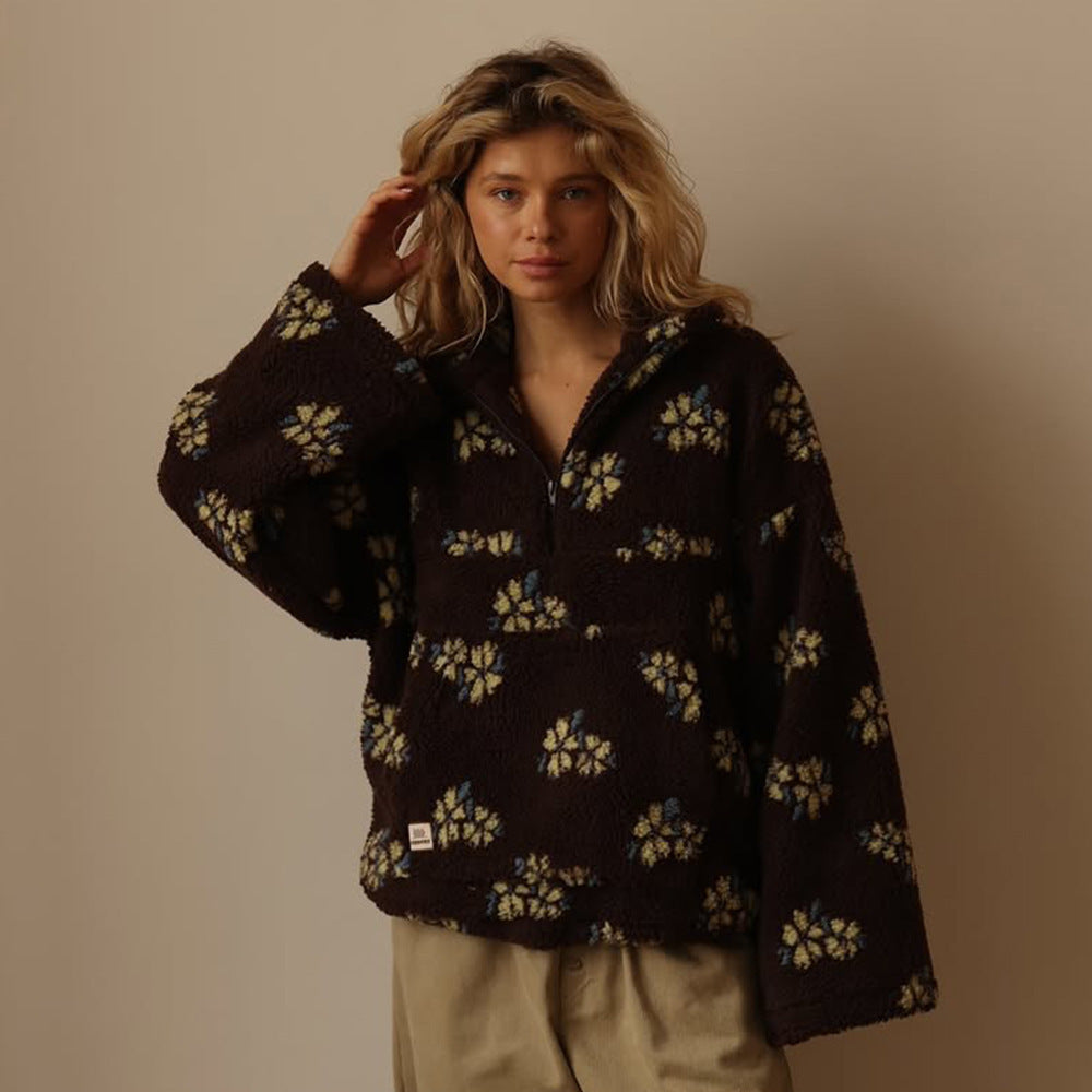 Kendra Womens Floral Teddy Fleece Jacket with Half Zip in Brown