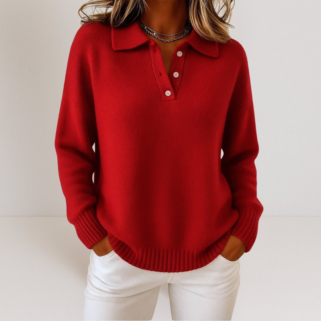 Tonya Womens Knit Sweater with Polo Collar and Button Placket in Red