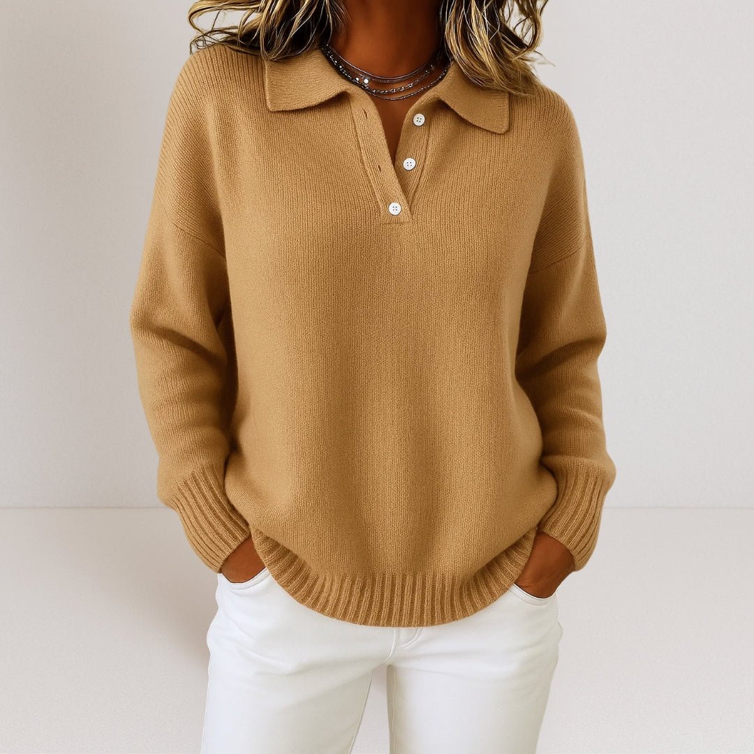 Tonya Womens Knit Sweater with Polo Collar and Button Placket in Brown