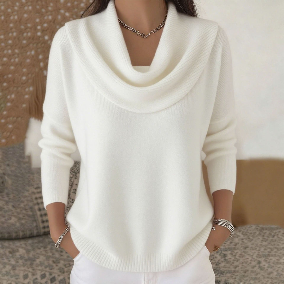 Tasha Womens Cowl Neck Cotton Sweater in White