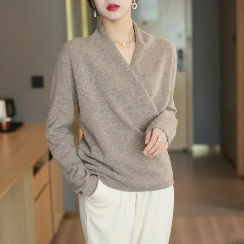 Wendy Womens V-Neck Wrap Sweater in Cashmere Knit