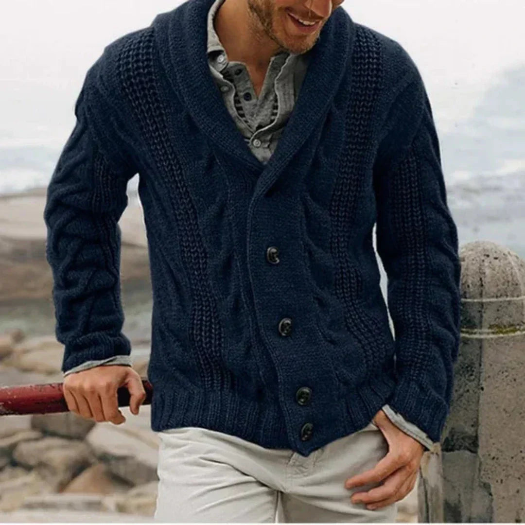 Wade Mens Shawl Collar Cable Knit Cardigan in Dark Blue