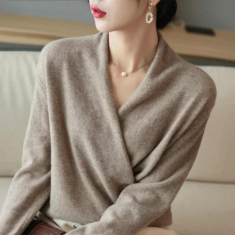 Wendy Womens V-Neck Wrap Sweater in Cashmere Knit