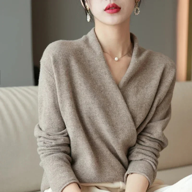 Wendy Womens V-Neck Wrap Sweater in Cashmere Knit