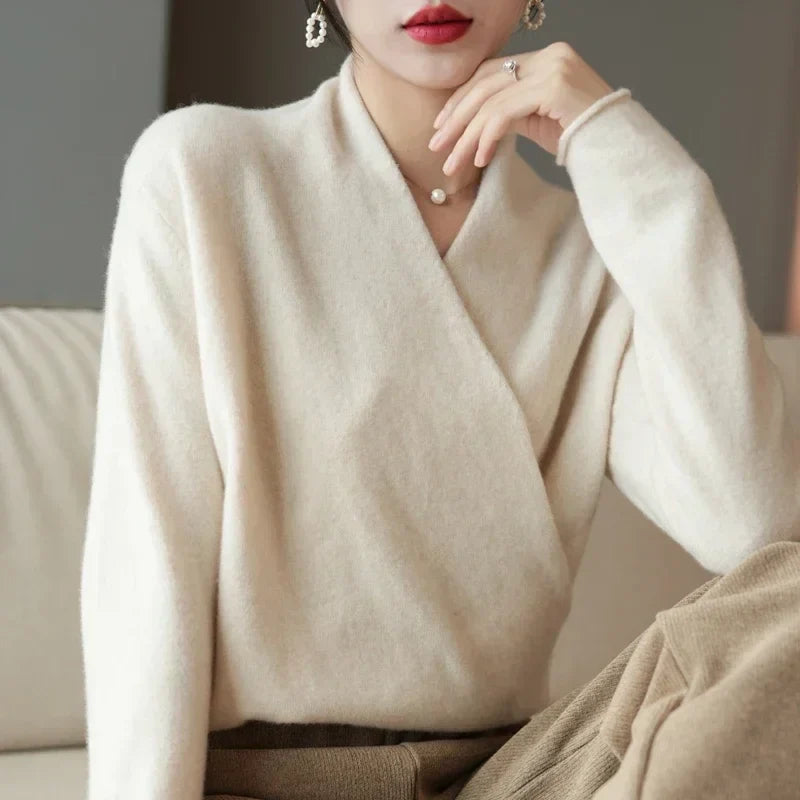 Wendy Womens V-Neck Wrap Sweater in Cashmere Knit