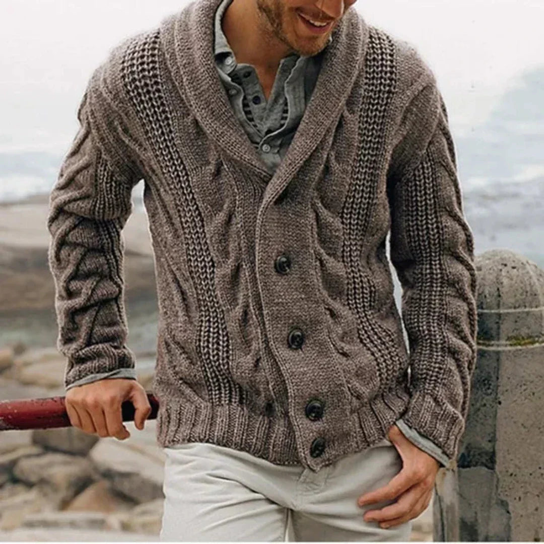 Wade Mens Shawl Collar Cable Knit Cardigan in Brown