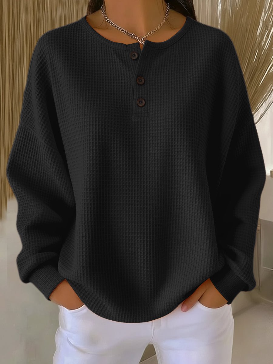 Morgan Womens Waffle Knit Henley Sweatshirt in Black