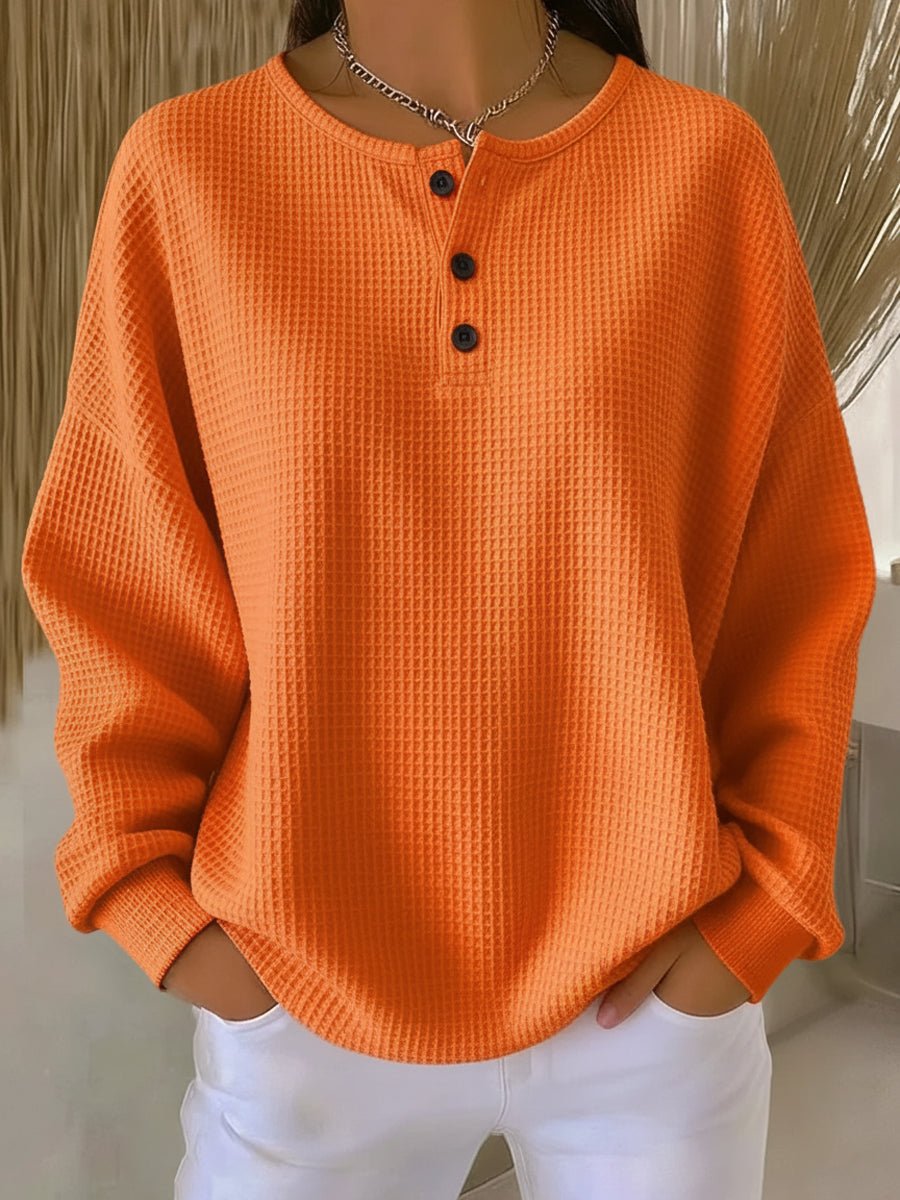 Morgan Womens Waffle Knit Henley Sweatshirt in Orange