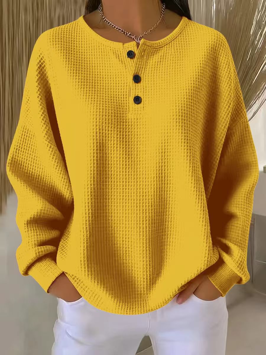 Morgan Womens Waffle Knit Henley Sweatshirt in Yellow