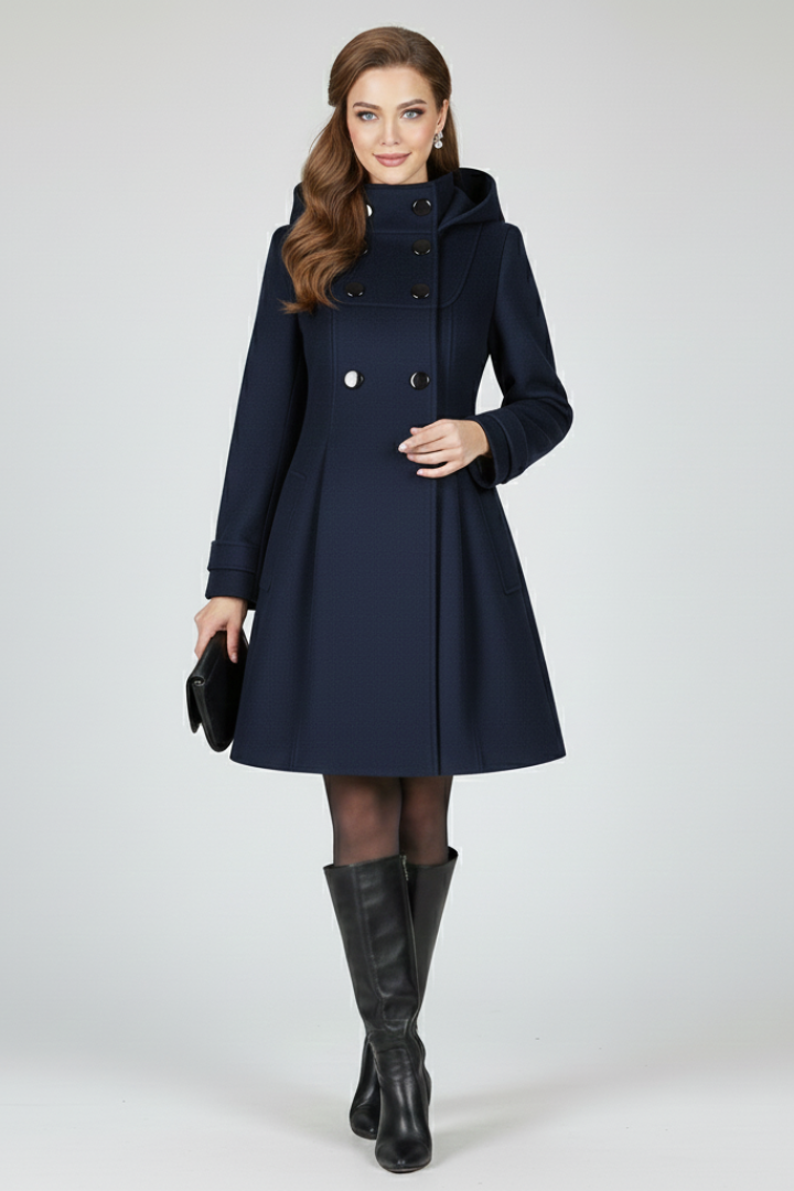 Jill Womens Hooded Coat with Double Button Front in Navy Blue