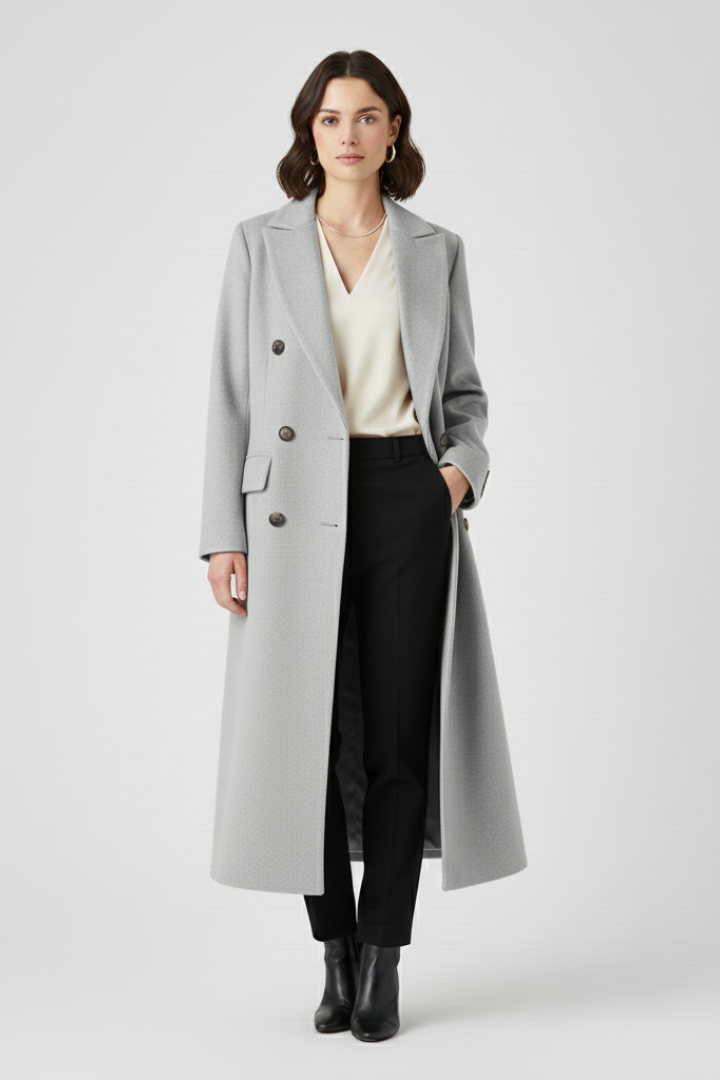 Gina Womens Long Coat with Lapel Collar in Grey