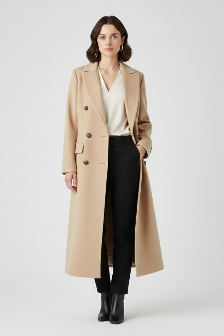 Gina Womens Long Coat with Lapel Collar in Beige