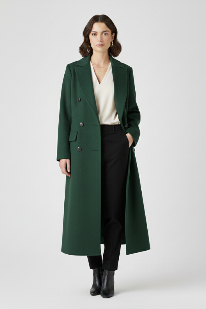 Gina Womens Long Coat with Lapel Collar in Green