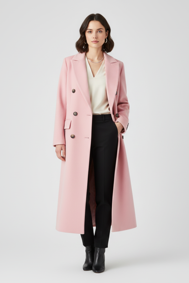 Gina Womens Long Coat with Lapel Collar in Pink