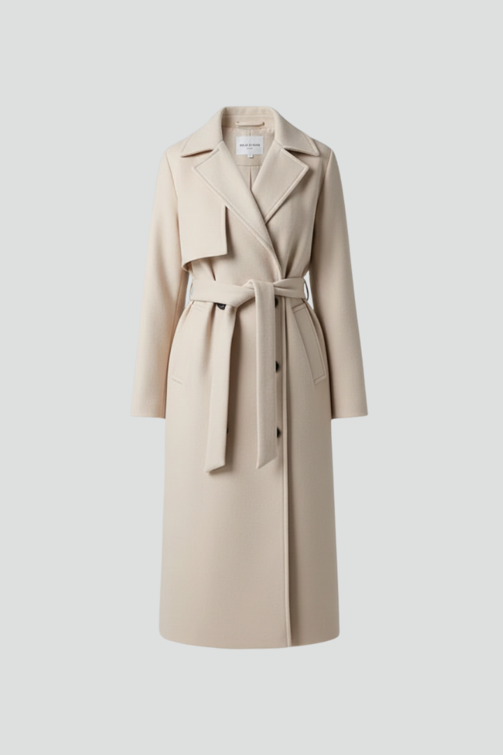 Kayla Womens Long Belted Coat with Double-Breasted Front