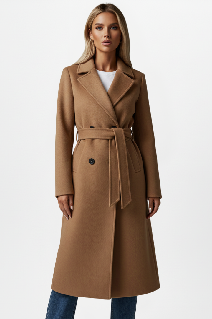 Kayla Womens Long Belted Coat with Double-Breasted Front in Camel