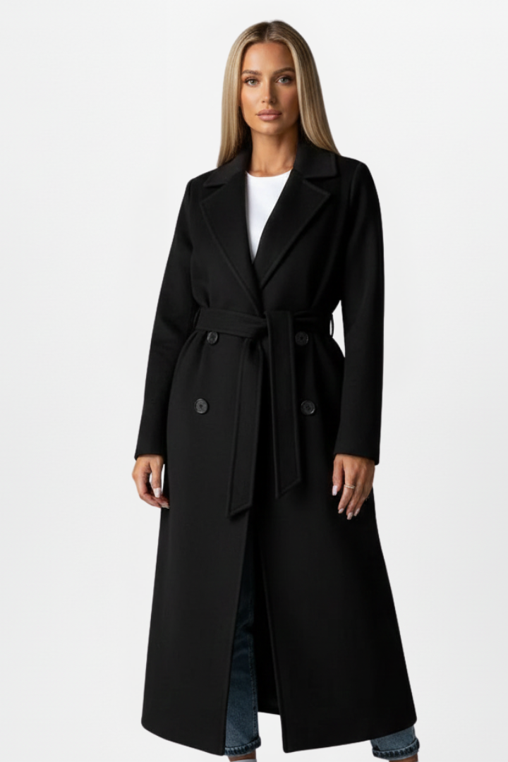Kayla Womens Long Belted Coat with Double-Breasted Front in Black