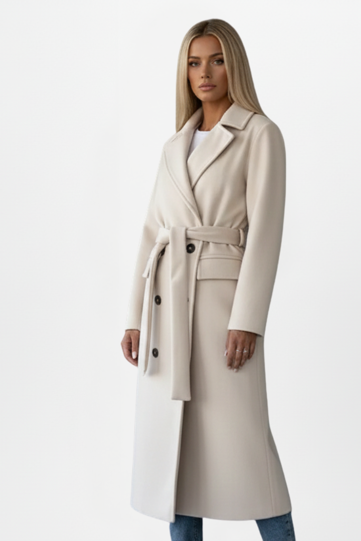 Kayla Womens Long Belted Coat with Double-Breasted Front