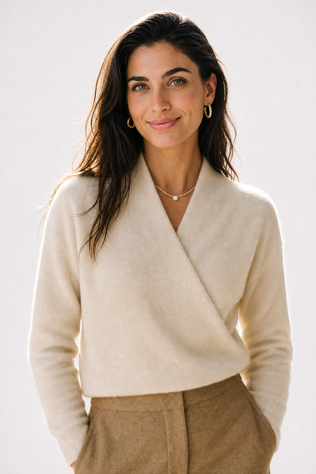 Wendy Womens V-Neck Wrap Sweater in Cashmere Knit
