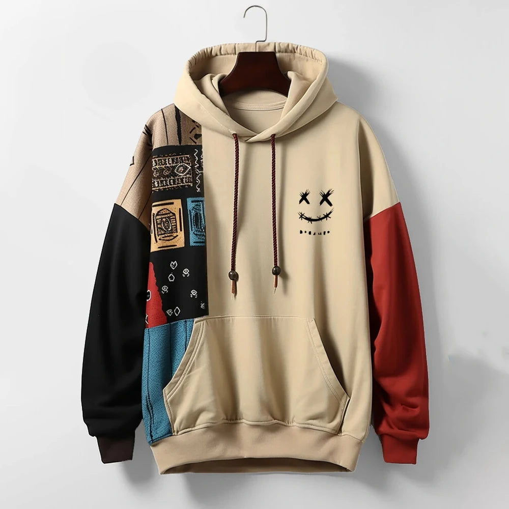 Ryan Mens Contrast Pattern Hoodie, Relaxed Fit in Khaki