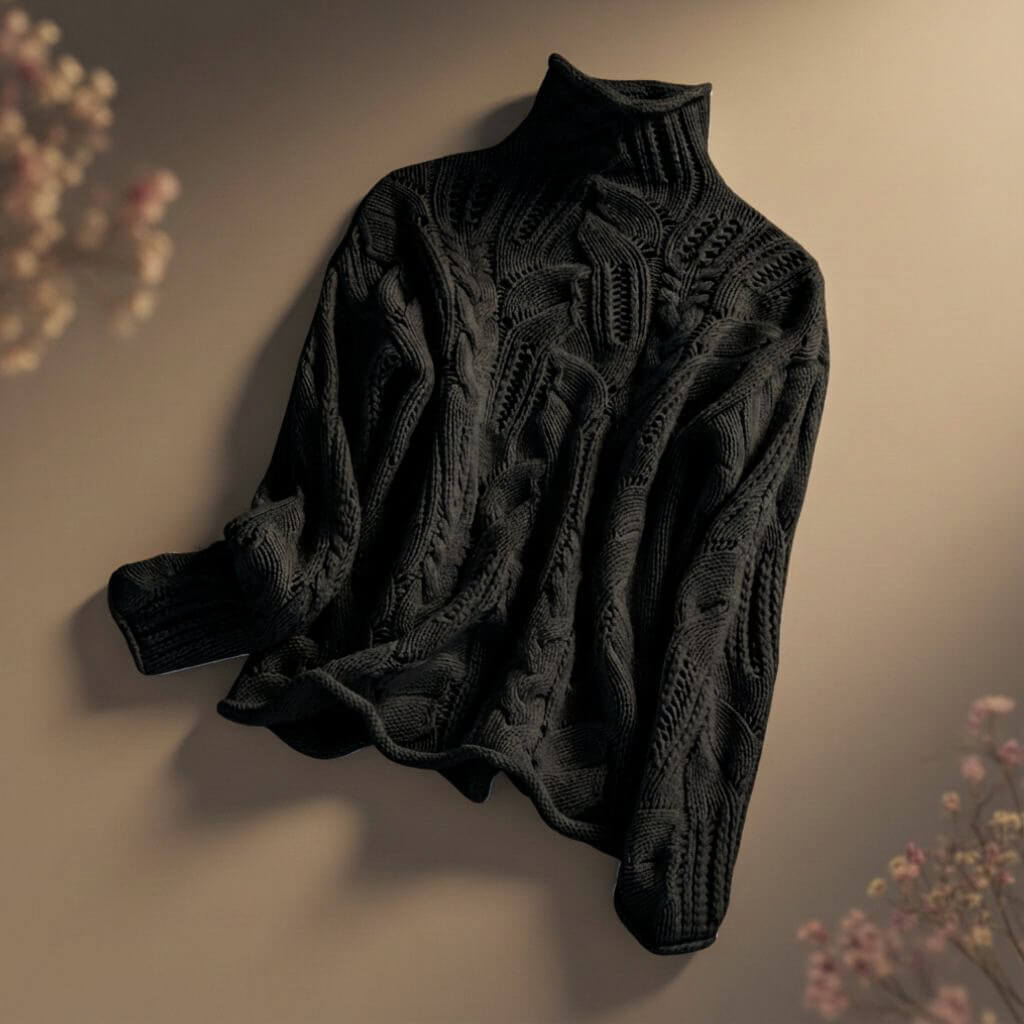 Nora Womens Hand-Knit Merino Wool Blend Sweater in Midnight Black