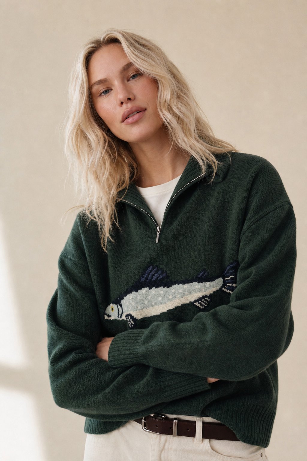 Hadley Womens Half-Zip Knit Sweater with Fish Pattern in Forest